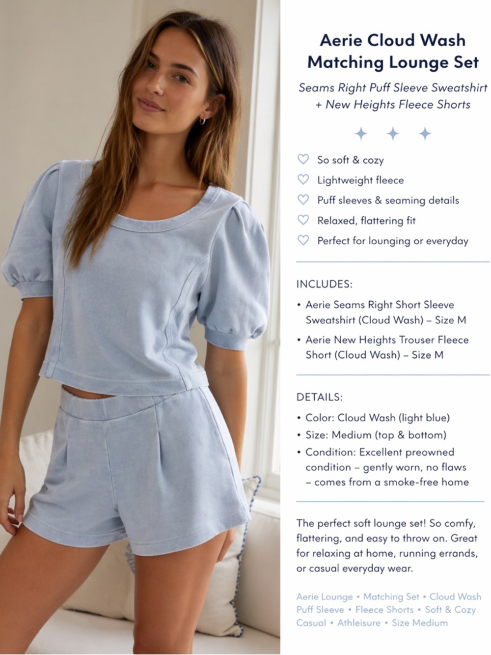 Aerie Cloud Wash Lounge Set Seams Right Puff Sleeve Top New Heights Fleece Short
